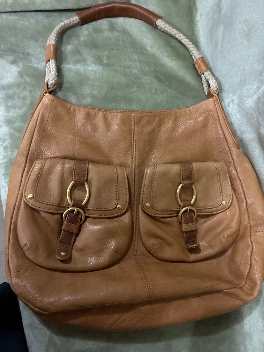 Sigrid Olsen Cognac Brown Leather Shoulder Bag with Front Buckle Pockets